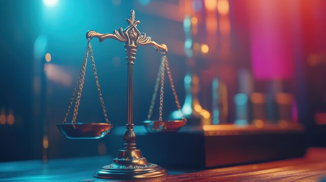 Antique Brass Scales of Justice balanced in a formal legal setting, representing law and order