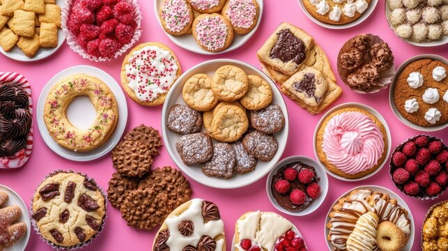 An overhead view of a festive holiday table laden with an assortment of delicious, homemade cookies and desserts.