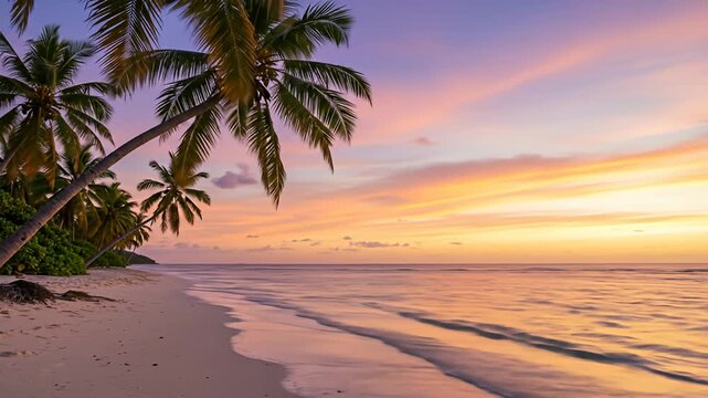 Palm trees fringe a beach at sunset, waves gently roll onto the sand, colorful sky