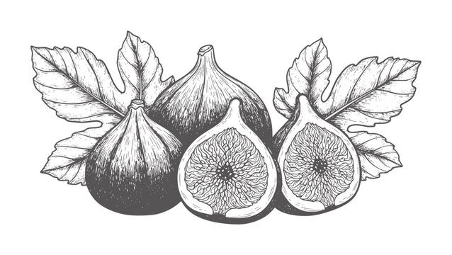 Vintage of ripe figs and leaves in monochrome fruit food healthy natural
