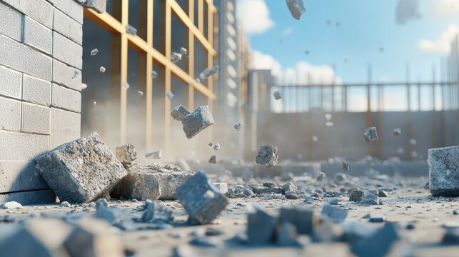 Construction debris and rubble falling with building in background under clear sky