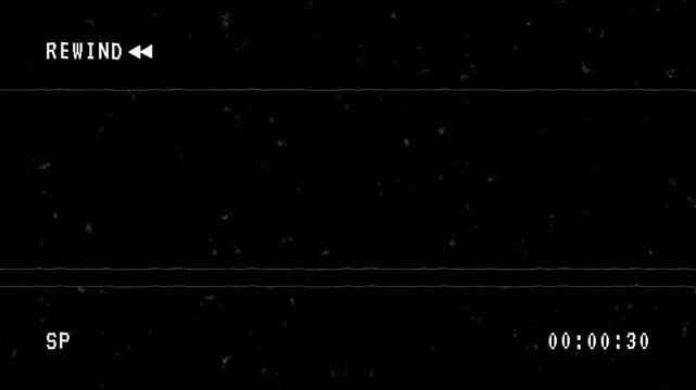Old VHS rewind screen overlay vintage style black background 4K