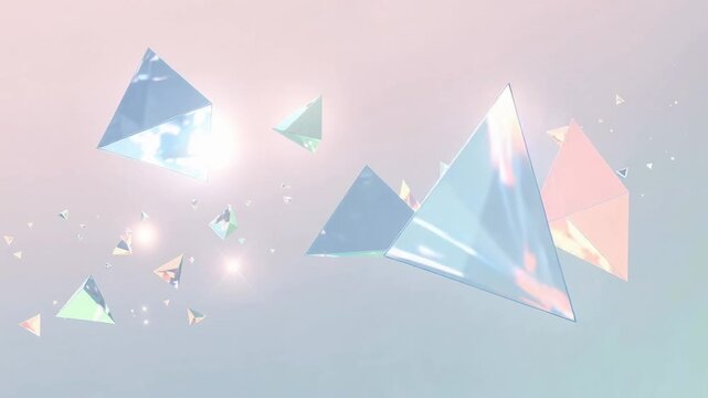 Mesmerizing flow of translucent triangular prisms gliding through soft pastel colors in abstract motion