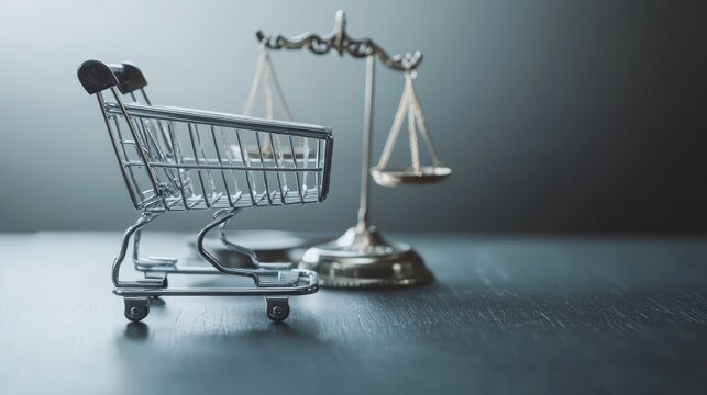 Legal scales of justice alongside a shopping cart representing consumer protection law negotiations and commerce rights.