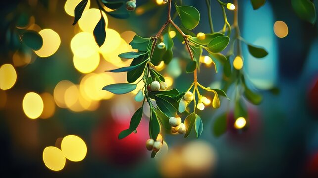 Mistletoe Berries Hanging with Soft Bokeh Lights, Evoking Festive Holiday Cheer and Romantic Tradition