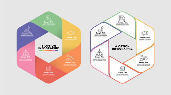 Hexagonal Venn diagram with 6 optional step sections for business presentations or reports. Editable vector.