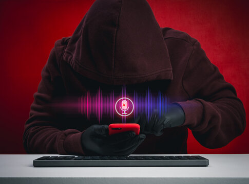 AI voice scam and phishing concept with hooded hacker using smartphone and soundwave interface. Deepfake voice fraud, impersonation, identity theft and cybersecurity risk in digital communication.
