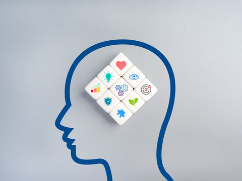 Soft skills and personal development concept with human head silhouette and skill icons. Emotional intelligence, creativity, mindset growth, future workforce capability in modern business environment.