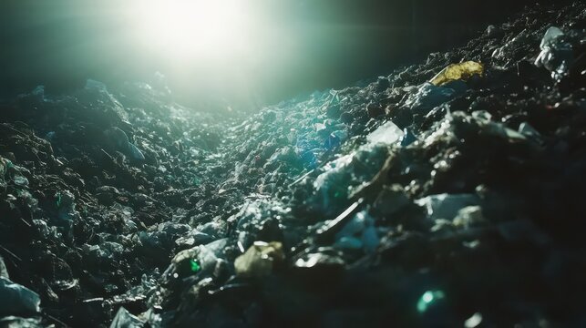 Immense mountain of varied waste materials at a bright, industrial recycling facility, representing large-scale waste management and resource recovery.