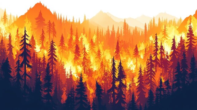 Intense forest fire with smoke and burning trees against a backdrop of mountains and sky