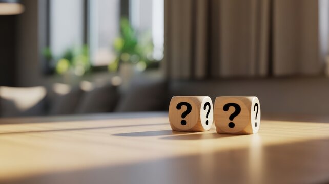Two wooden dice with question marks on their faces sit on a light colored wooden table bathed in soft sunlight streaming
