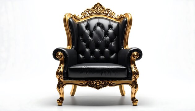 A luxurious, ornate armchair. It has black leather upholstery and gold gilded frame, on a stark white background, creating an image of regal elegance