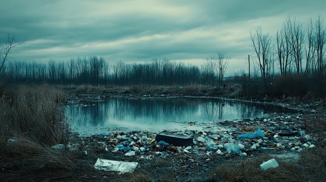Plastic Waste Accumulating Near Polluted Wetlands Under Overcast Skies