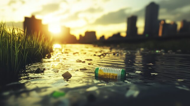 Polluted city lake with floating trash near the urban skyline at sunrise