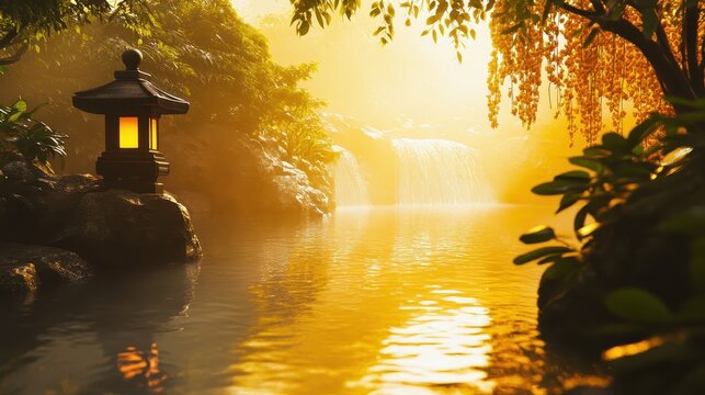 Luxurious spa retreat with serene pool area and beautiful natural surroundings during sunset