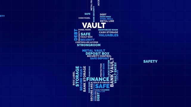 Circular Minimal Vault Word Cloud Animation Shameless Loop. Vault Kinetic Typography Dark Blue Security Finance Theme