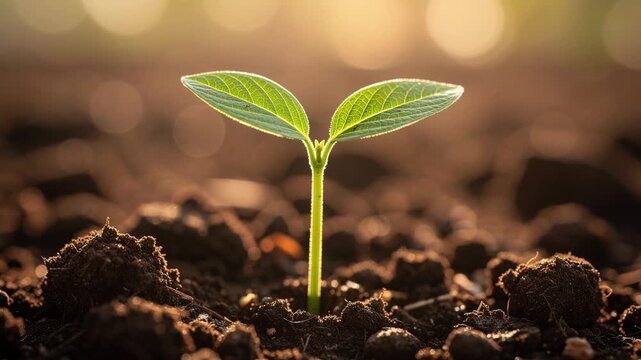 Tiny green seedling growing from rich soil in warm golden sunlight symbolizing growth and nature