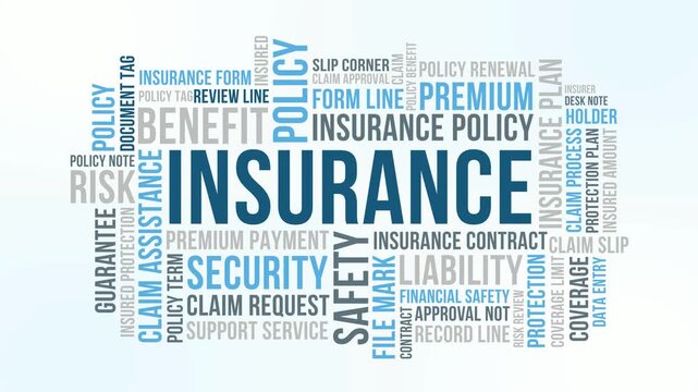 Minimal Clean Insurance Word Cloud Animation Shameless Loop. Insurance Kinetic Typography Soft Blue Policy Theme