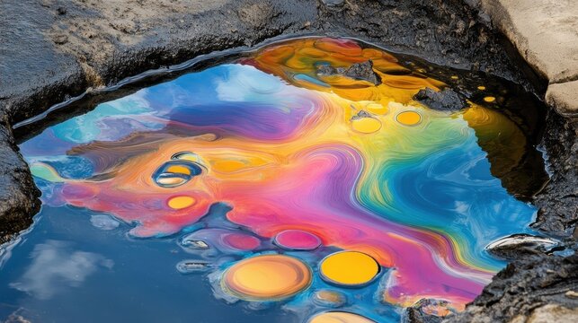 Vibrant Oil Spill Reflecting on Coastal Water Surface with Iridescent Rainbow Tones