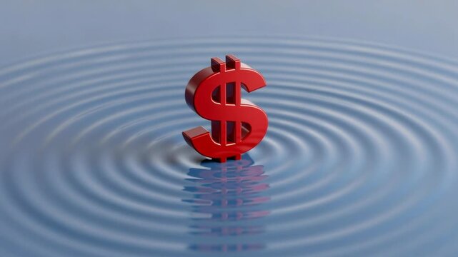 Red dollar sign standing in calm water creating gentle ripple waves financial symbol concept