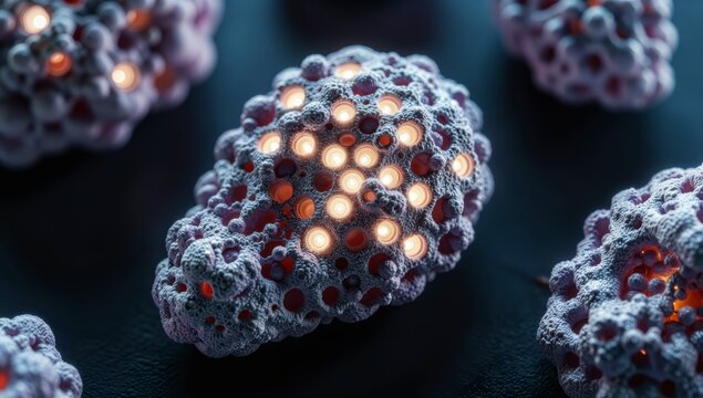 Detailed macro view of a strange luminous microbial organism with a porous surface