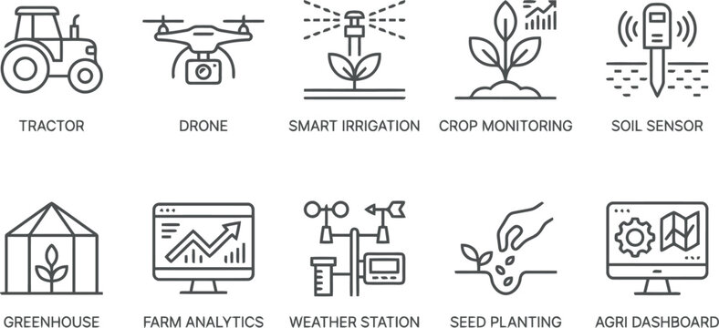 Agricultural technology icons set, smart farming and precision agriculture symbols
