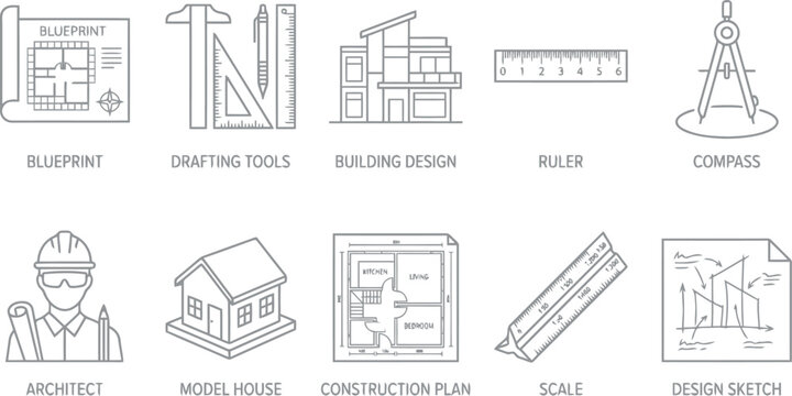 architectural icons set, blueprint, drafting tools, construction plan