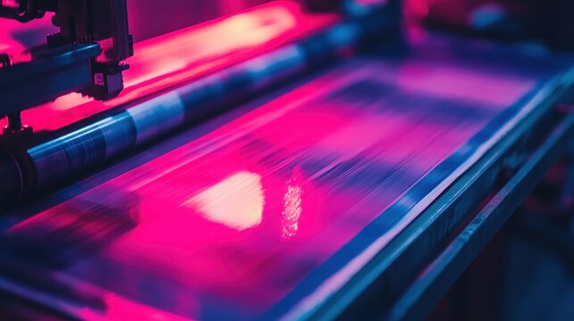 Vibrant industrial printing machinery in operation, producing colorful high-definition brochures with dynamic visual effects.
