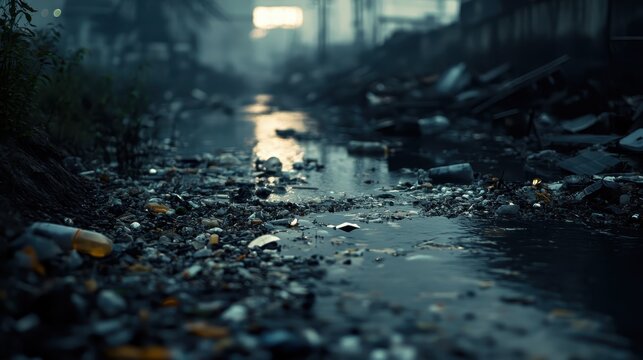 Polluted Urban Waterway with Extensive Plastic Debris and Overcast Lighting