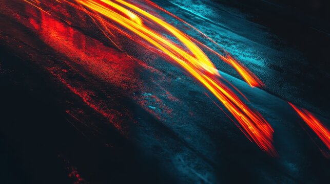 Vibrant light streaks from nighttime street racing illuminate wet asphalt with fiery motion and electric blue hues.