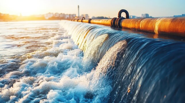 Polluted water flowing from an industrial pipe into a river estuary at sunset, showcasing environmental impact