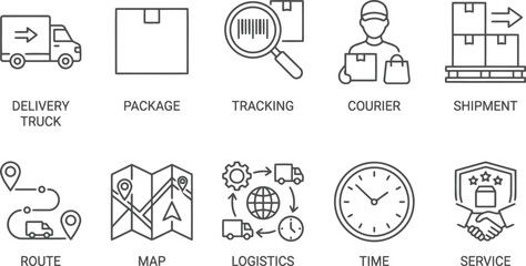 Fototapeta premium Logistics and delivery icons set, shipment and courier service symbols