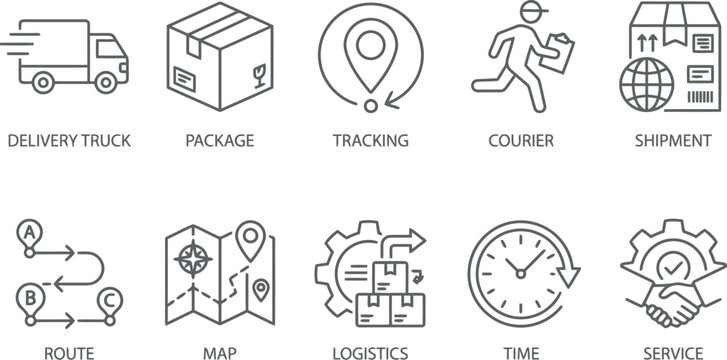 Logistics and shipping icons set, delivery truck, package tracking