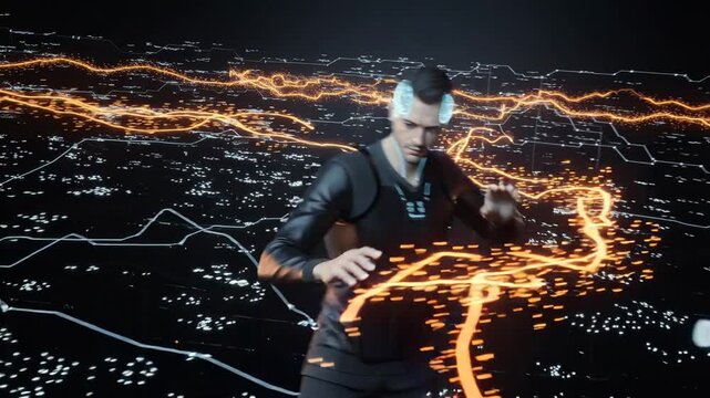 Futuristic man with glowing digital brain interface navigating advanced technology network