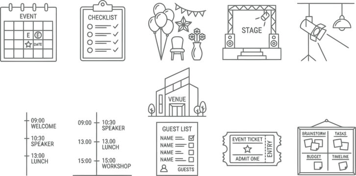 event planning icons, outline style, checklist, calendar, guest list, ticket, stage