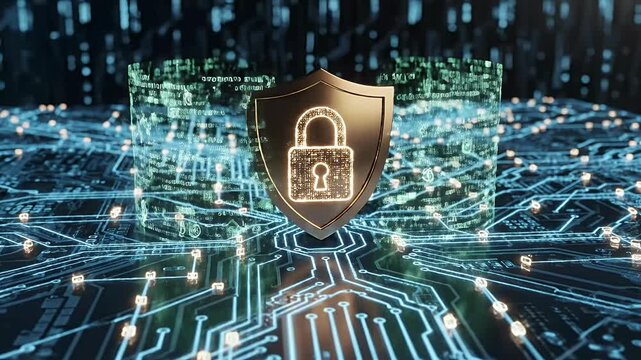 A futuristic digital shield with a glowing padlock symbolizes cybersecurity and data protection against online threats.