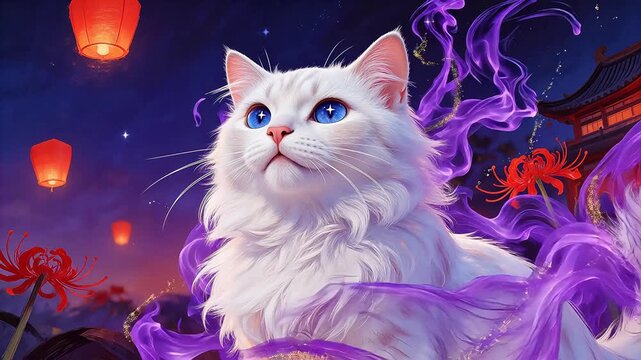 White cat with blue eyes in mystical setting