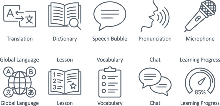 line icons for language learning concepts