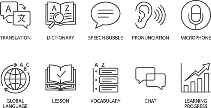 line icons for language learning concepts
