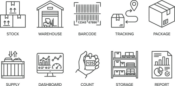 Logistics and inventory management icons set