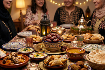 Naklejka premium Traditional middle eastern food and a glowing lantern on a festive dining table with family