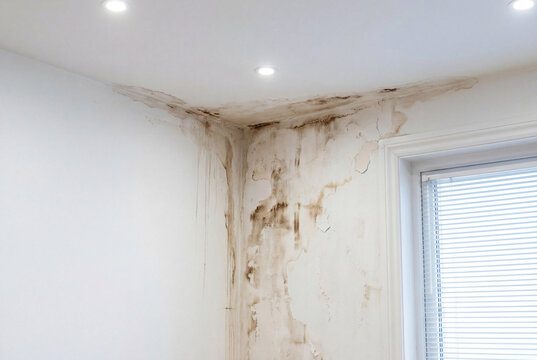 Severe brown water damage stains on white ceiling and wall corner indicating leak and dampness