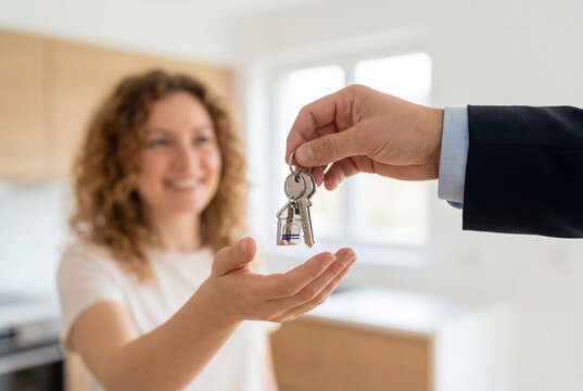 Real estate agent handing house keys to smiling woman in new home interior background