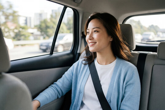 Happy young asian woman sitting in back seat of car looking out window during ride