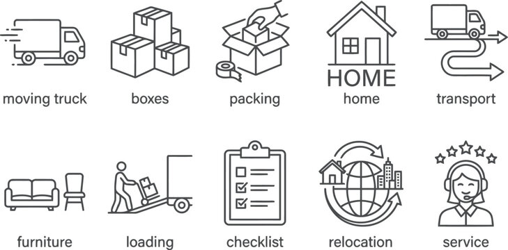 moving and relocation services icons, packing and transport symbols