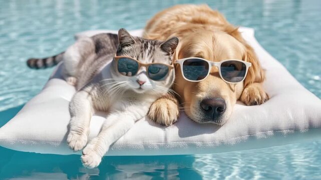 Adorable dog and cat wearing sunglasses enjoy a sunny day floating on a raft in a swimming pool.