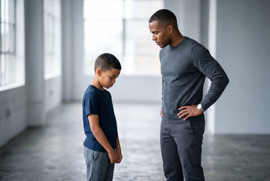 Father scolding son during serious disciplinary discussion indoors