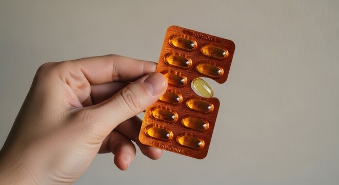 Hand holding blister pack of yellow gel capsules, one missing.