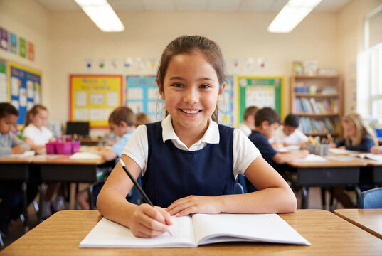 Happy schoolgirl writing in notebook while sitting at desk in classroom
