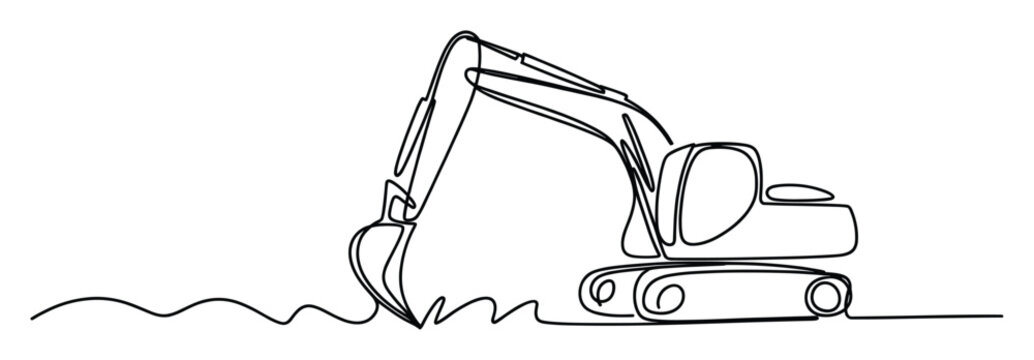 Minimalist one line illustration of a powerful excavator at work, ideal for heavy machinery promotions and building projects.
